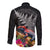 New Zealand Tuatara Long Sleeve Button Shirt Silver Fern Hibiscus and Tribal Maori Pattern Black Color