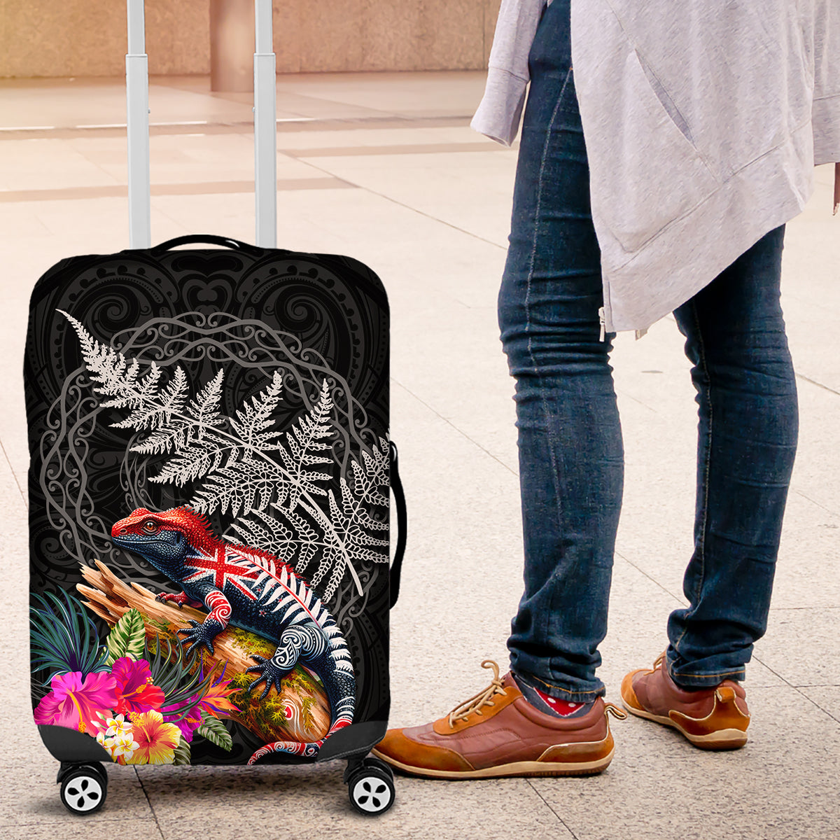 New Zealand Tuatara Luggage Cover Silver Fern Hibiscus and Tribal Maori Pattern Black Color