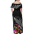 New Zealand Tuatara Off Shoulder Maxi Dress Silver Fern Hibiscus and Tribal Maori Pattern Black Color