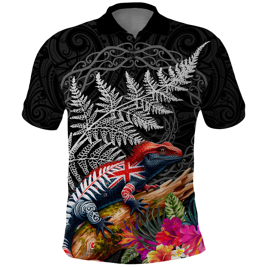 New Zealand Tuatara Polo Shirt Silver Fern Hibiscus and Tribal Maori Pattern Black Color