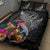 New Zealand Tuatara Quilt Bed Set Silver Fern Hibiscus and Tribal Maori Pattern Black Color