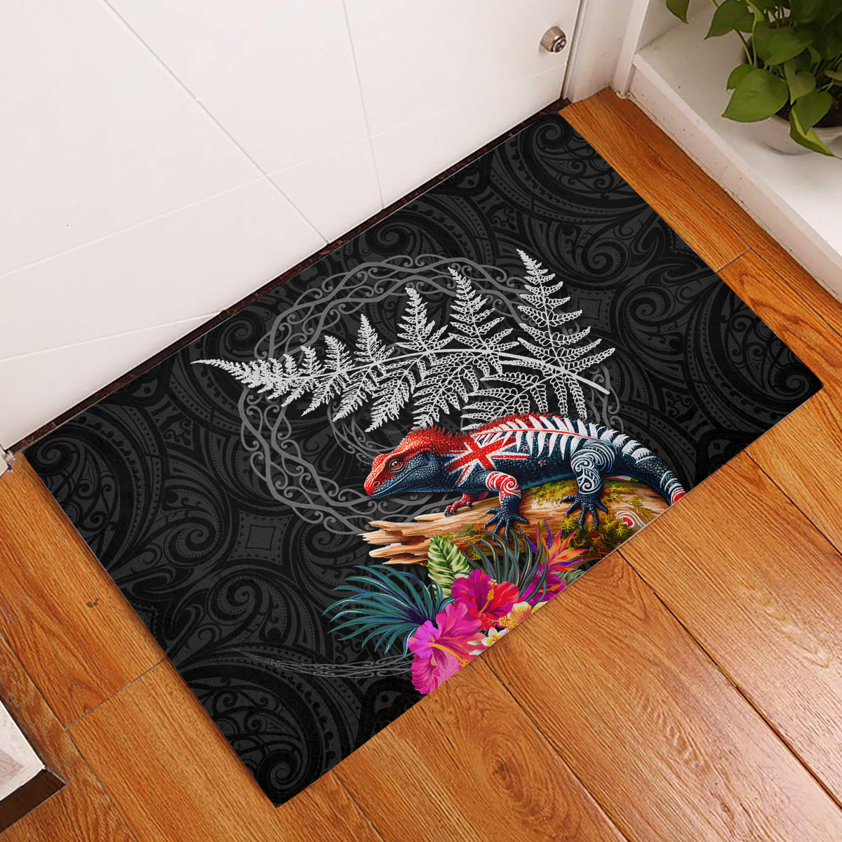 New Zealand Tuatara Rubber Doormat Silver Fern Hibiscus and Tribal Maori Pattern Black Color