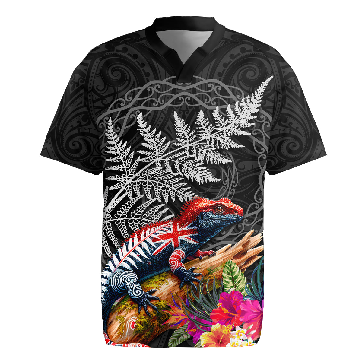 New Zealand Tuatara Rugby Jersey Silver Fern Hibiscus and Tribal Maori Pattern Black Color