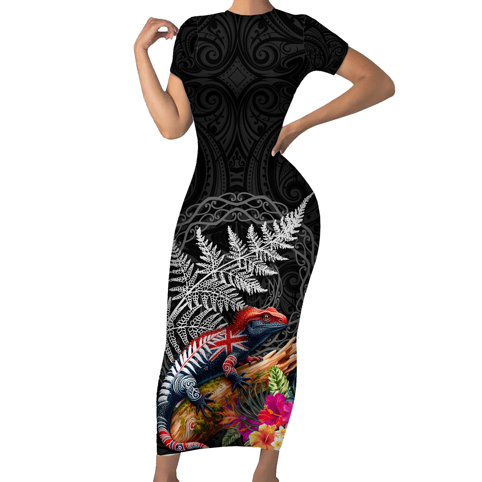 New Zealand Tuatara Short Sleeve Bodycon Dress Silver Fern Hibiscus and Tribal Maori Pattern Black Color