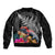 New Zealand Tuatara Sleeve Zip Bomber Jacket Silver Fern Hibiscus and Tribal Maori Pattern Black Color