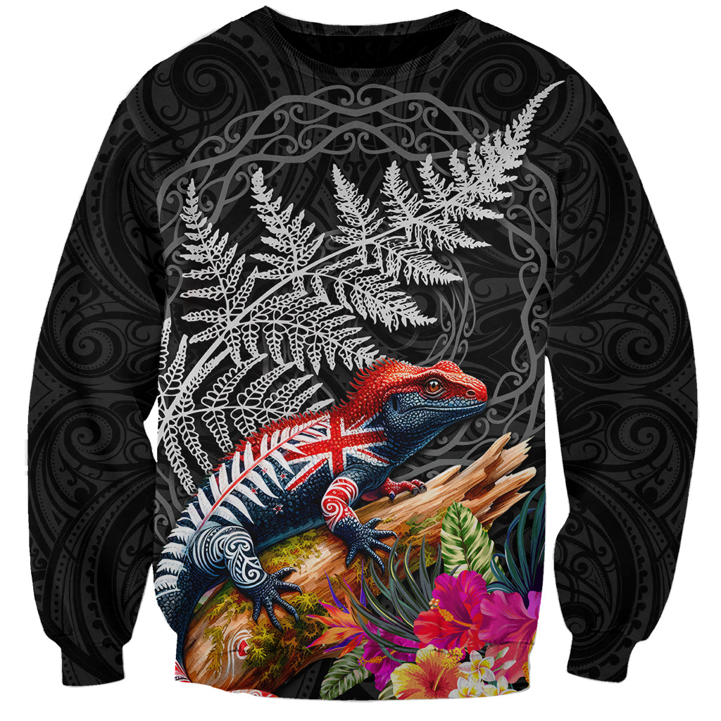 New Zealand Tuatara Sweatshirt Silver Fern Hibiscus and Tribal Maori Pattern Black Color