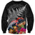 New Zealand Tuatara Sweatshirt Silver Fern Hibiscus and Tribal Maori Pattern Black Color