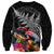 New Zealand Tuatara Sweatshirt Silver Fern Hibiscus and Tribal Maori Pattern Black Color