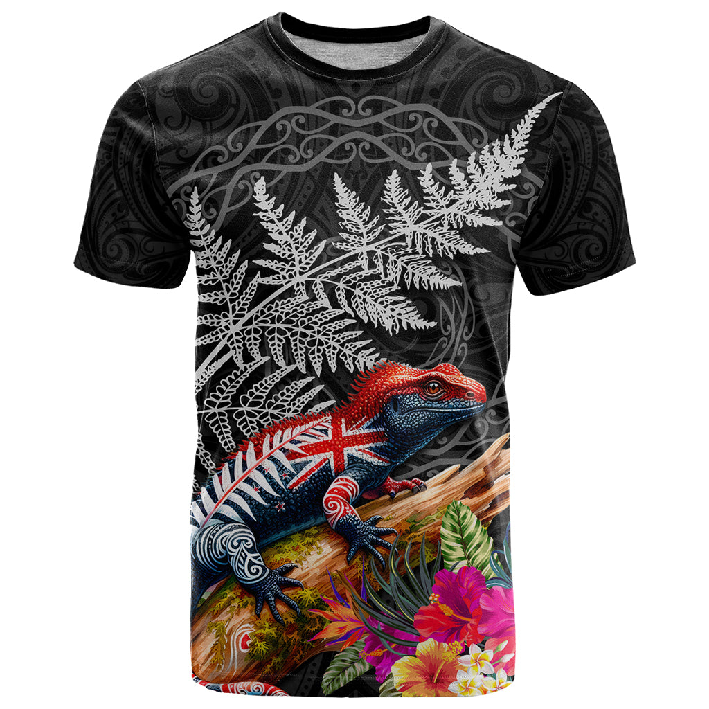 New Zealand Tuatara T Shirt Silver Fern Hibiscus and Tribal Maori Pattern Black Color