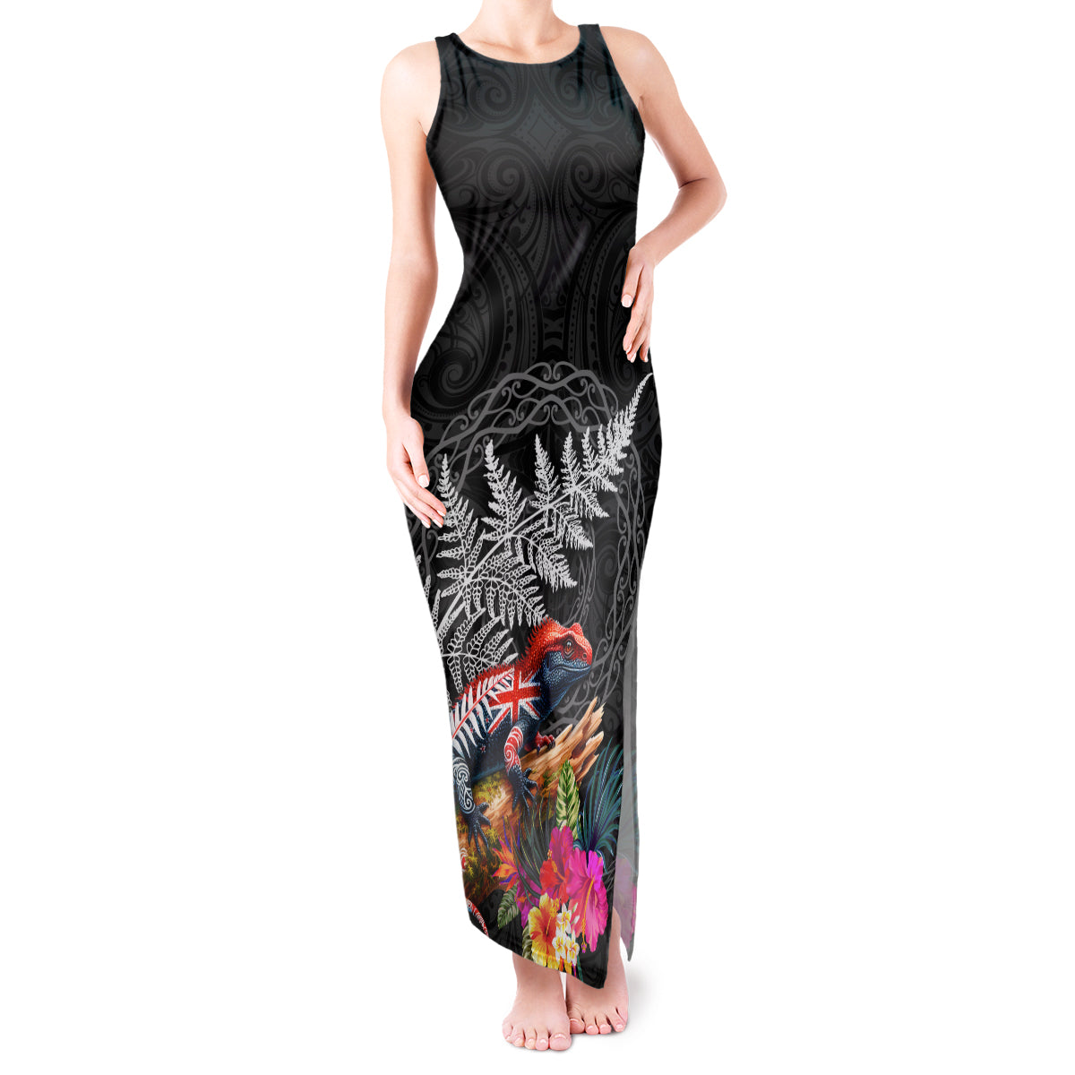 New Zealand Tuatara Tank Maxi Dress Silver Fern Hibiscus and Tribal Maori Pattern Black Color