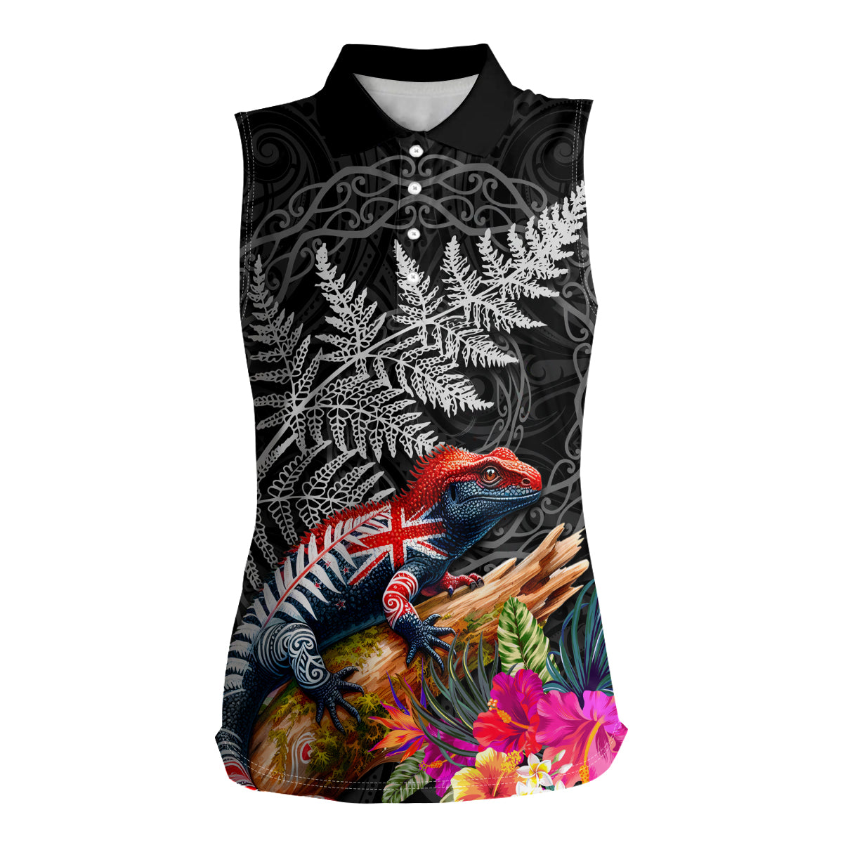 New Zealand Tuatara Women Sleeveless Polo Shirt Silver Fern Hibiscus and Tribal Maori Pattern Black Color