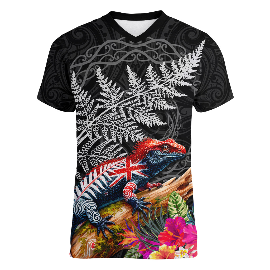 New Zealand Tuatara Women V-Neck T-Shirt Silver Fern Hibiscus and Tribal Maori Pattern Black Color