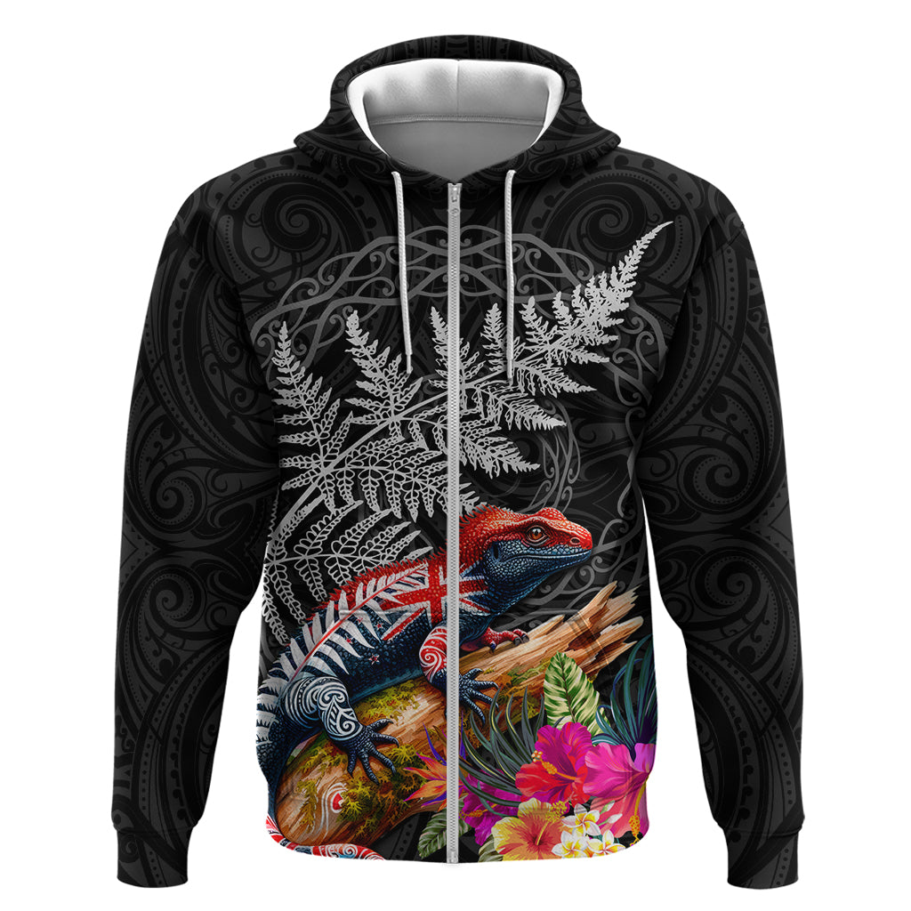 New Zealand Tuatara Zip Hoodie Silver Fern Hibiscus and Tribal Maori Pattern Black Color