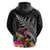 New Zealand Tuatara Zip Hoodie Silver Fern Hibiscus and Tribal Maori Pattern Black Color