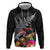 New Zealand Tuatara Zip Hoodie Silver Fern Hibiscus and Tribal Maori Pattern Black Color