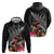 New Zealand Tuatara Zip Hoodie Silver Fern Hibiscus and Tribal Maori Pattern Black Color