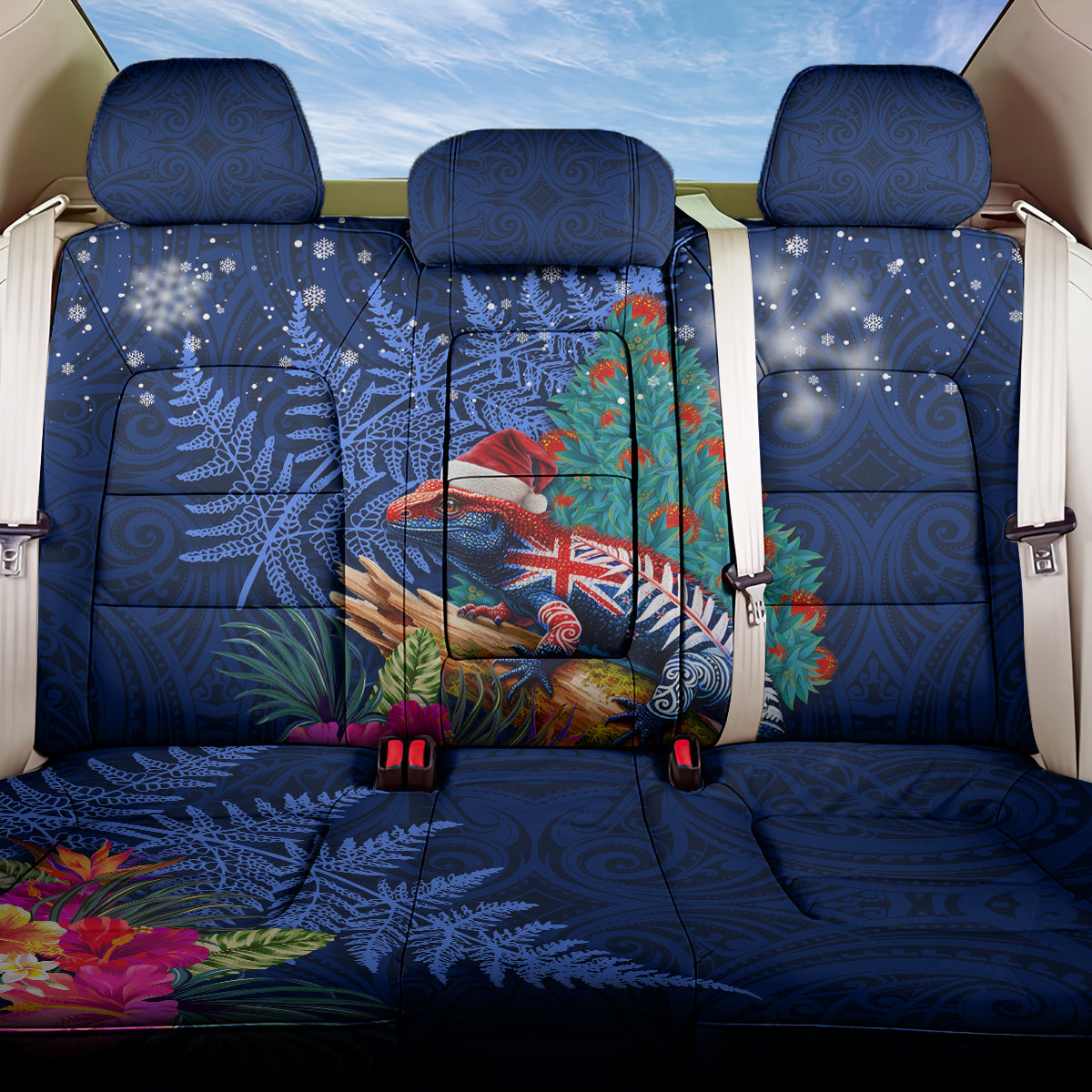 New Zealand Tuatara Christmas Back Car Seat Cover Silver Fern and Xmas Pohutukawa Tree Blue Color