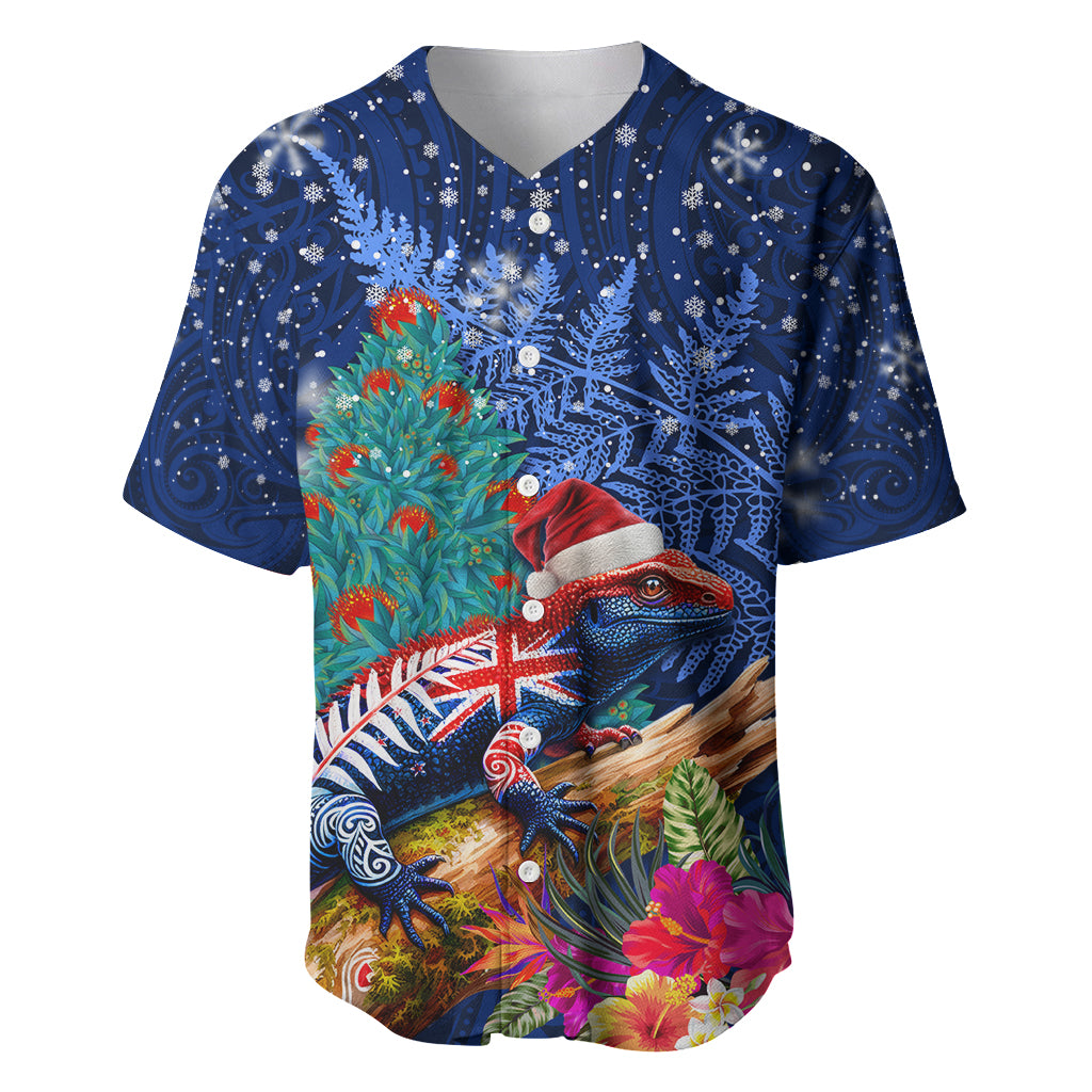 New Zealand Tuatara Christmas Baseball Jersey Silver Fern and Xmas Pohutukawa Tree Blue Color LT03 Blue - Polynesian Pride