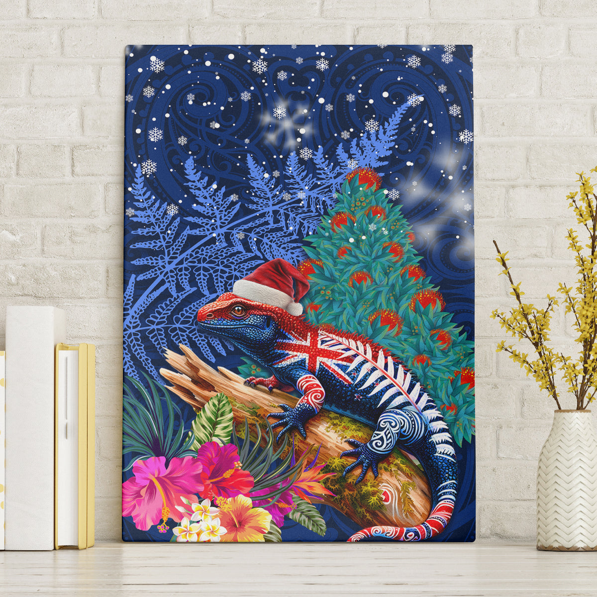 New Zealand Tuatara Christmas Canvas Wall Art Silver Fern and Xmas Pohutukawa Tree Blue Color