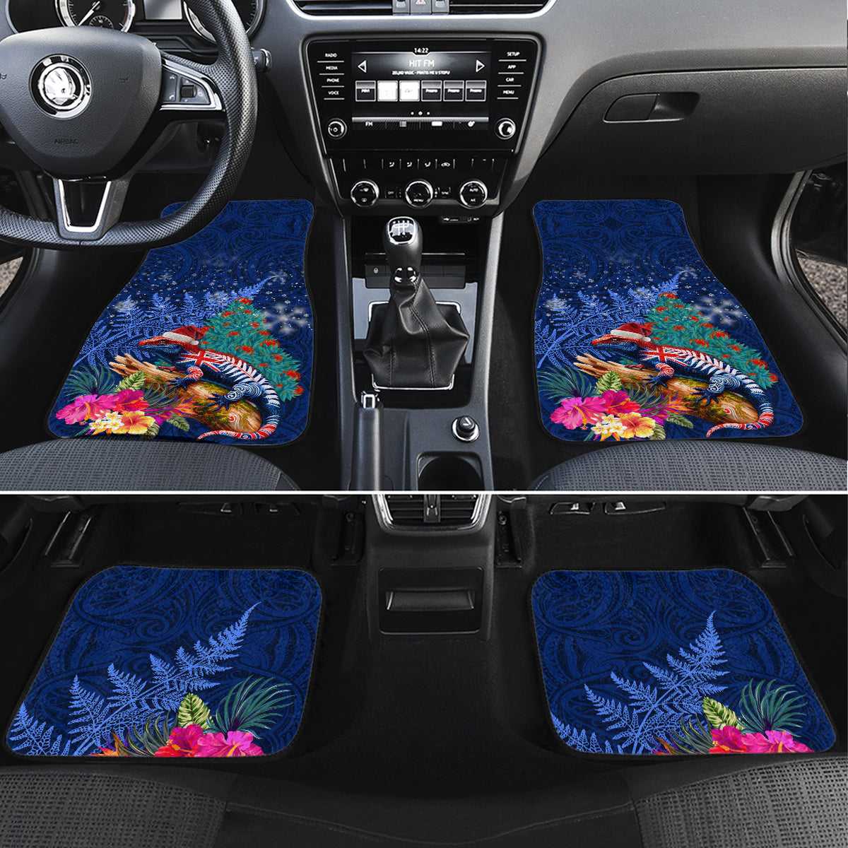 New Zealand Tuatara Christmas Car Mats Silver Fern and Xmas Pohutukawa Tree Blue Color