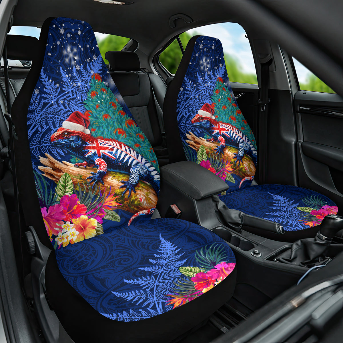 New Zealand Tuatara Christmas Car Seat Cover Silver Fern and Xmas Pohutukawa Tree Blue Color