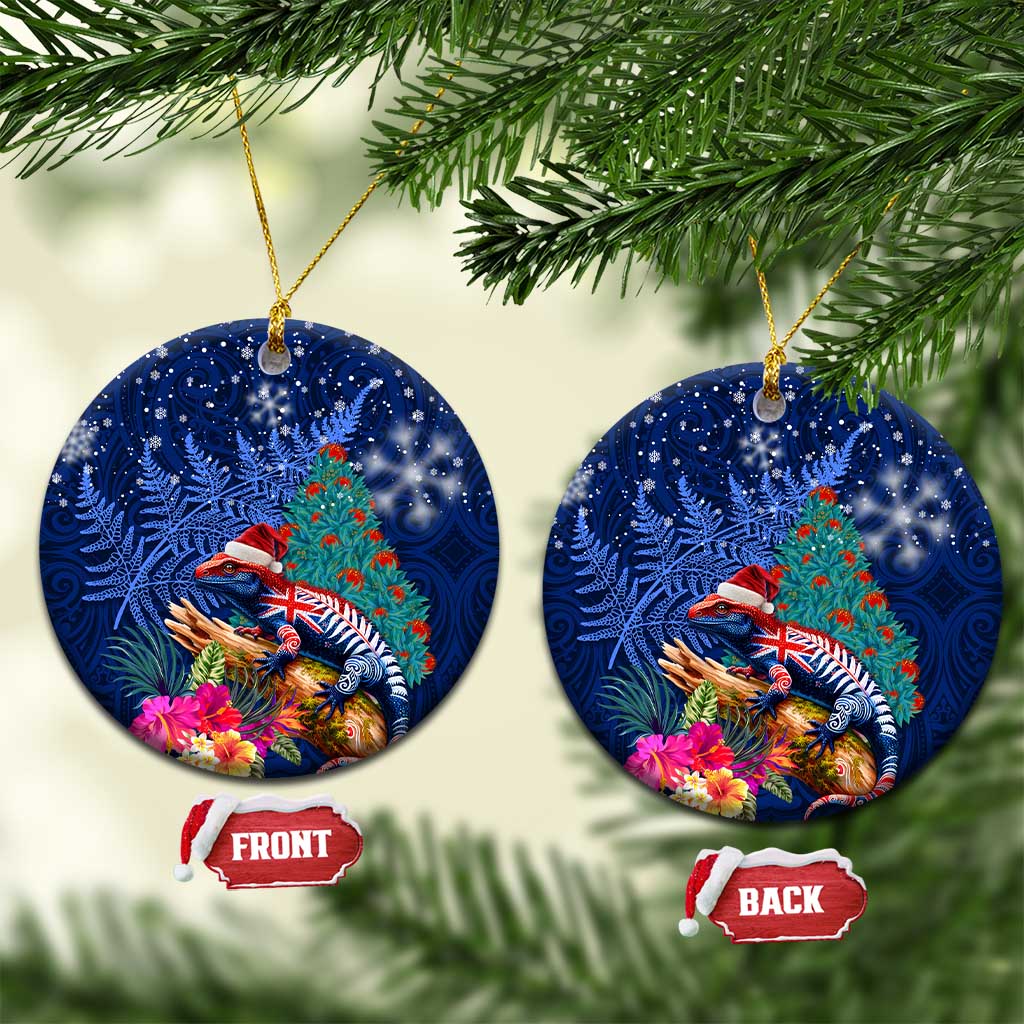 New Zealand Tuatara Christmas Ceramic Ornament Silver Fern and Xmas Pohutukawa Tree Blue Color LT03 Circle Blue - Polynesian Pride