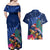 New Zealand Tuatara Christmas Couples Matching Off Shoulder Maxi Dress and Hawaiian Shirt Silver Fern and Xmas Pohutukawa Tree Blue Color