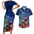 New Zealand Tuatara Christmas Couples Matching Short Sleeve Bodycon Dress and Hawaiian Shirt Silver Fern and Xmas Pohutukawa Tree Blue Color