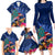 New Zealand Tuatara Christmas Family Matching Long Sleeve Bodycon Dress and Hawaiian Shirt Silver Fern and Xmas Pohutukawa Tree Blue Color