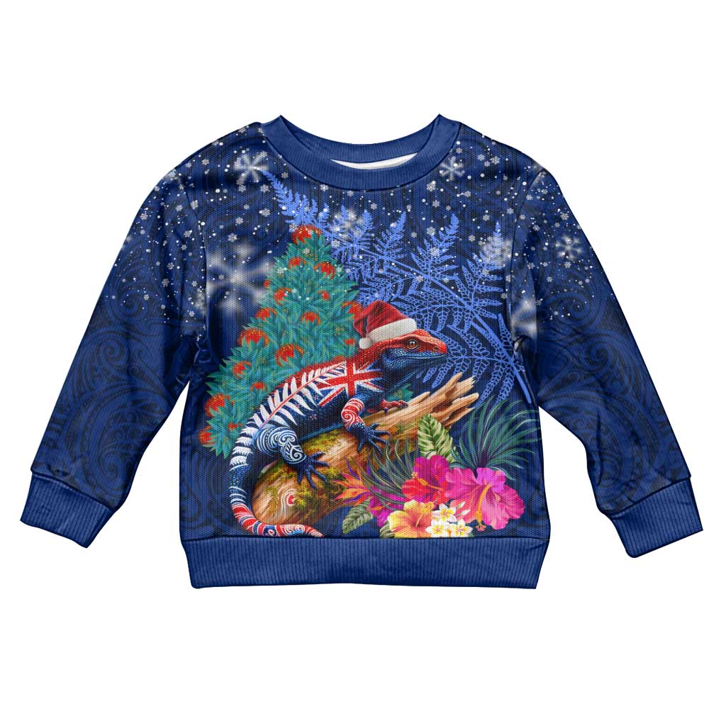 New Zealand Tuatara Christmas Kid Ugly Christmas Sweater Silver Fern and Xmas Pohutukawa Tree Blue Color LT03 Kid Blue - Polynesian Pride