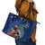 New Zealand Tuatara Christmas Leather Tote Bag Silver Fern and Xmas Pohutukawa Tree Blue Color