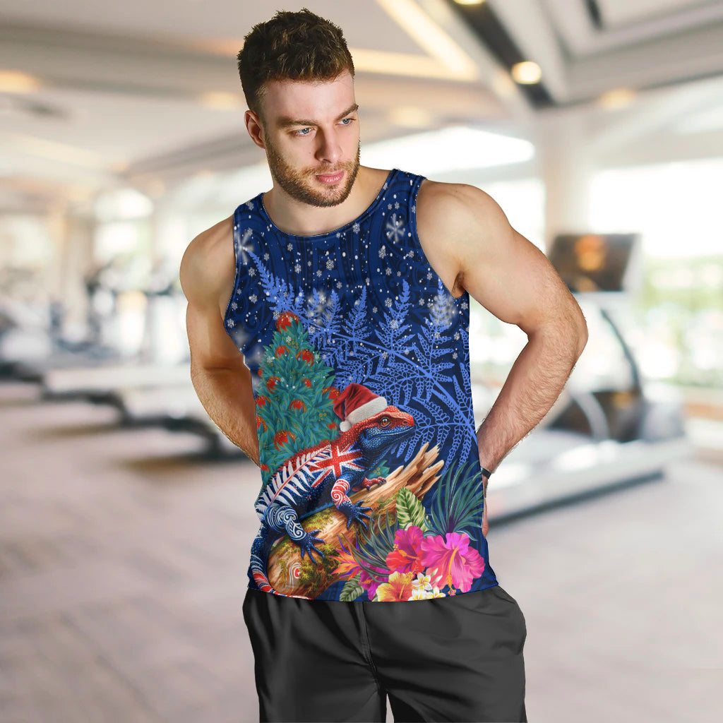 New Zealand Tuatara Christmas Men Tank Top Silver Fern and Xmas Pohutukawa Tree Blue Color