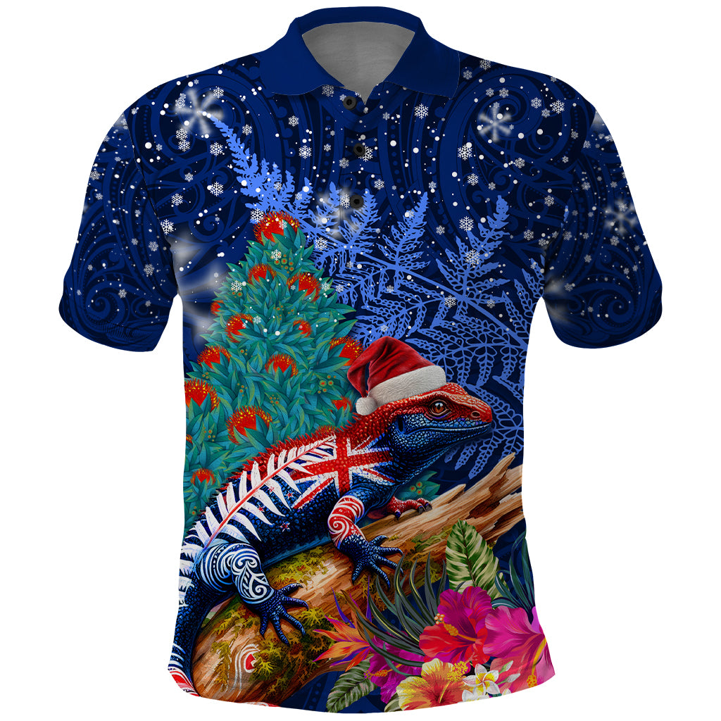 New Zealand Tuatara Christmas Polo Shirt Silver Fern and Xmas Pohutukawa Tree Blue Color