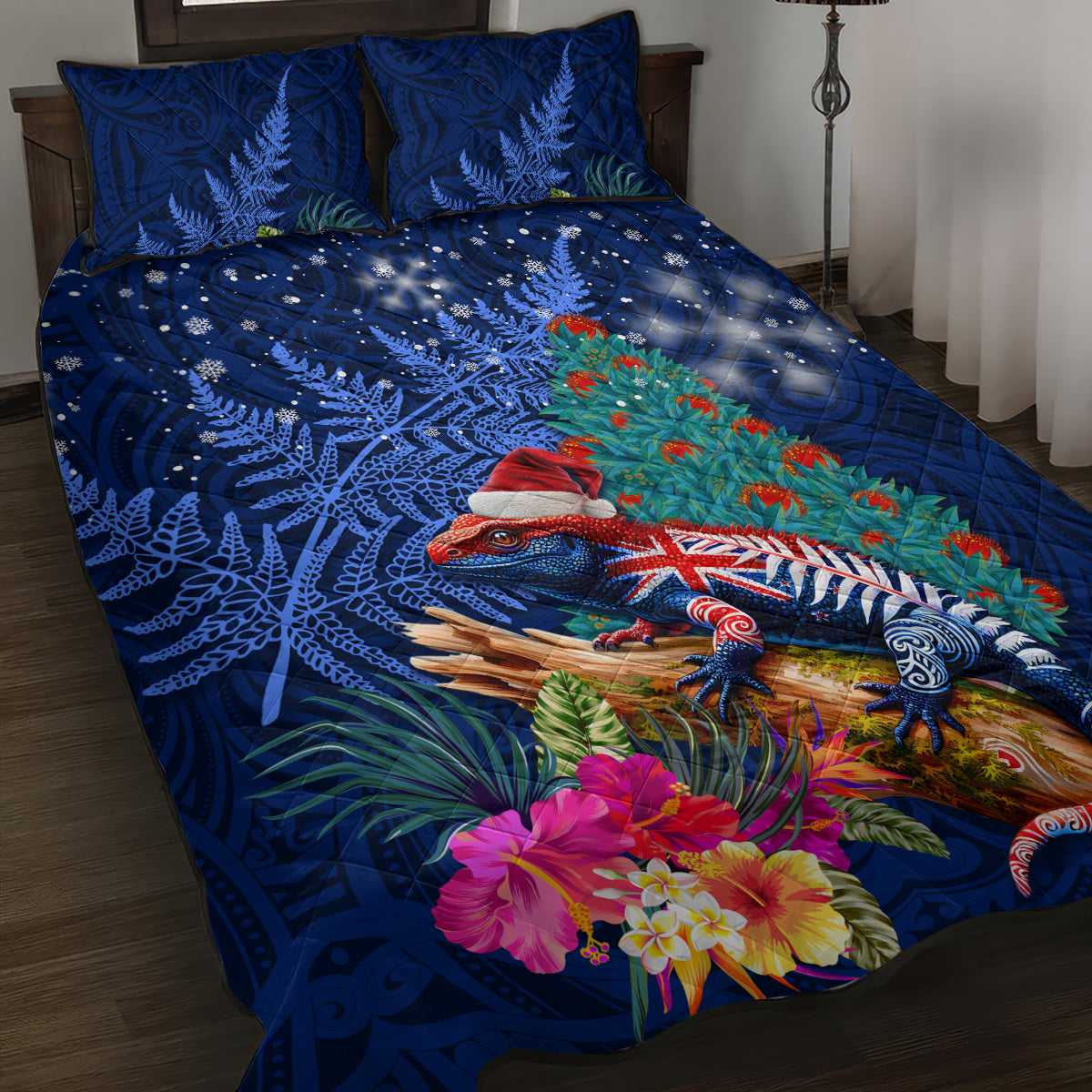 New Zealand Tuatara Christmas Quilt Bed Set Silver Fern and Xmas Pohutukawa Tree Blue Color