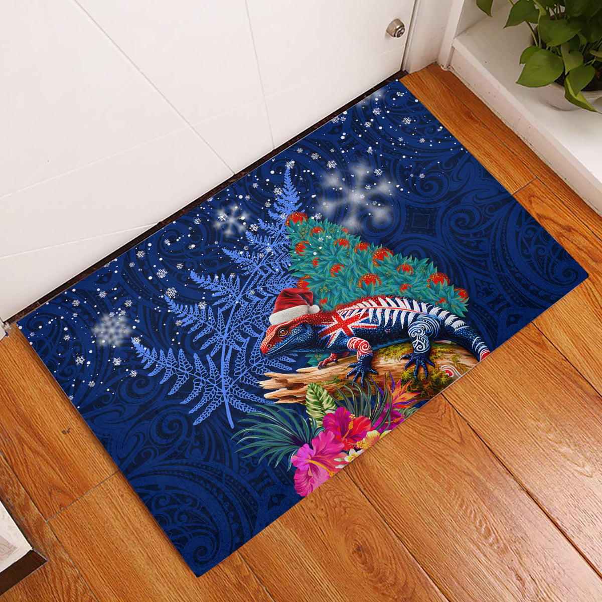 New Zealand Tuatara Christmas Rubber Doormat Silver Fern and Xmas Pohutukawa Tree Blue Color