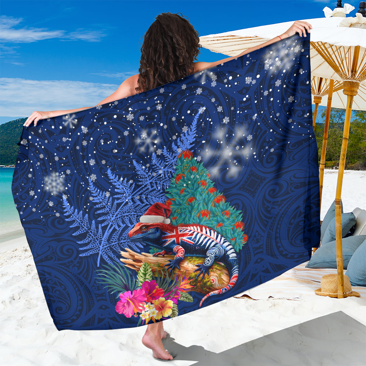 New Zealand Tuatara Christmas Sarong Silver Fern and Xmas Pohutukawa Tree Blue Color LT03 One Size 44 x 66 inches Blue - Polynesian Pride