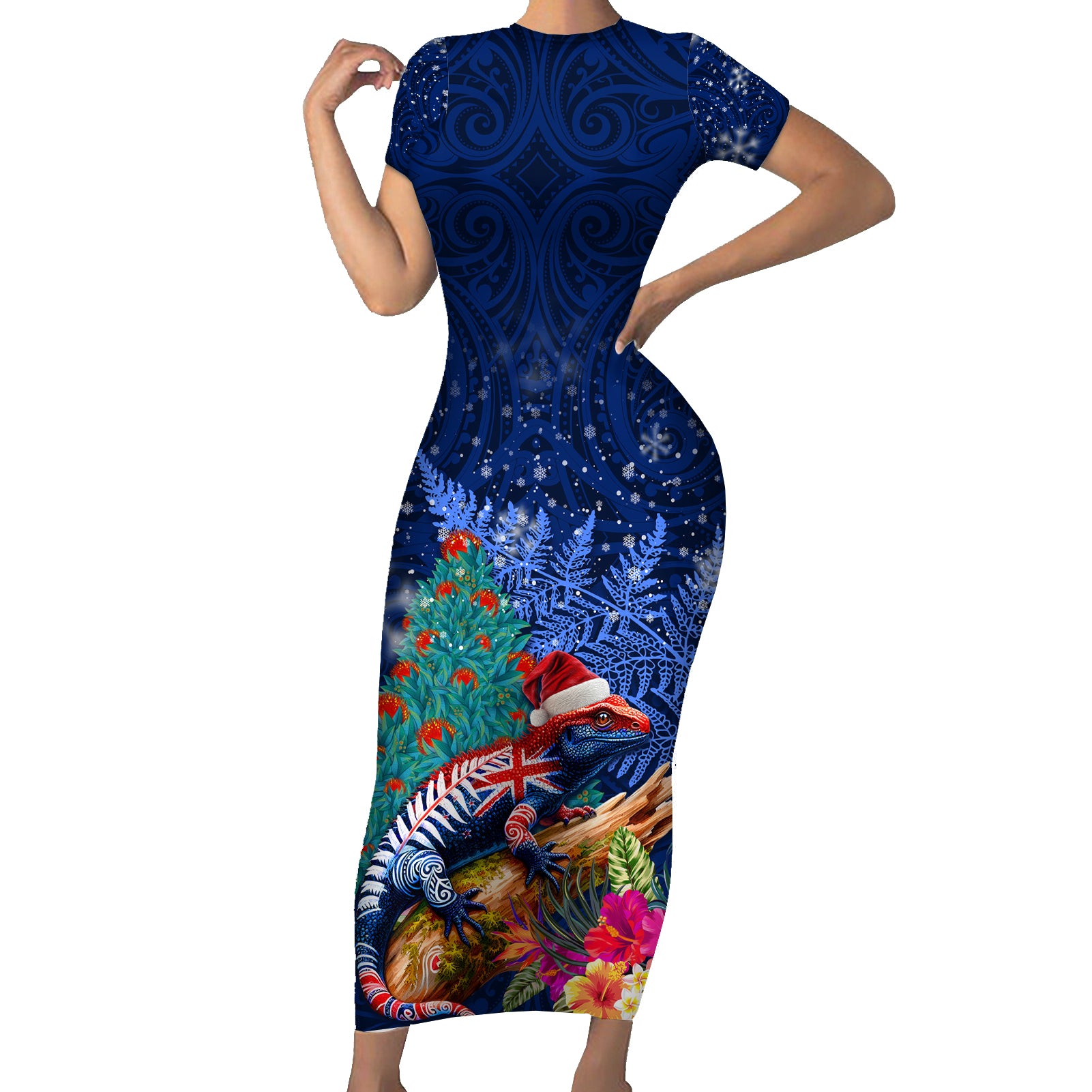 New Zealand Tuatara Christmas Short Sleeve Bodycon Dress Silver Fern and Xmas Pohutukawa Tree Blue Color