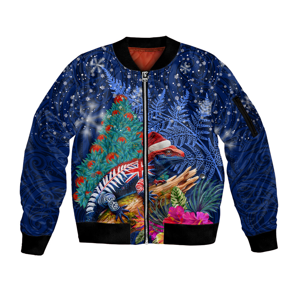 New Zealand Tuatara Christmas Sleeve Zip Bomber Jacket Silver Fern and Xmas Pohutukawa Tree Blue Color