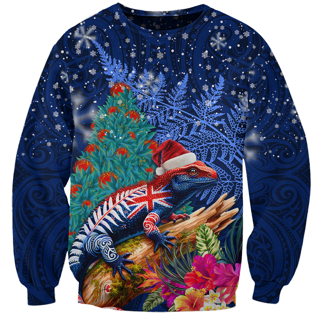 New Zealand Tuatara Christmas Sweatshirt Silver Fern and Xmas Pohutukawa Tree Blue Color LT03 Unisex Blue - Polynesian Pride