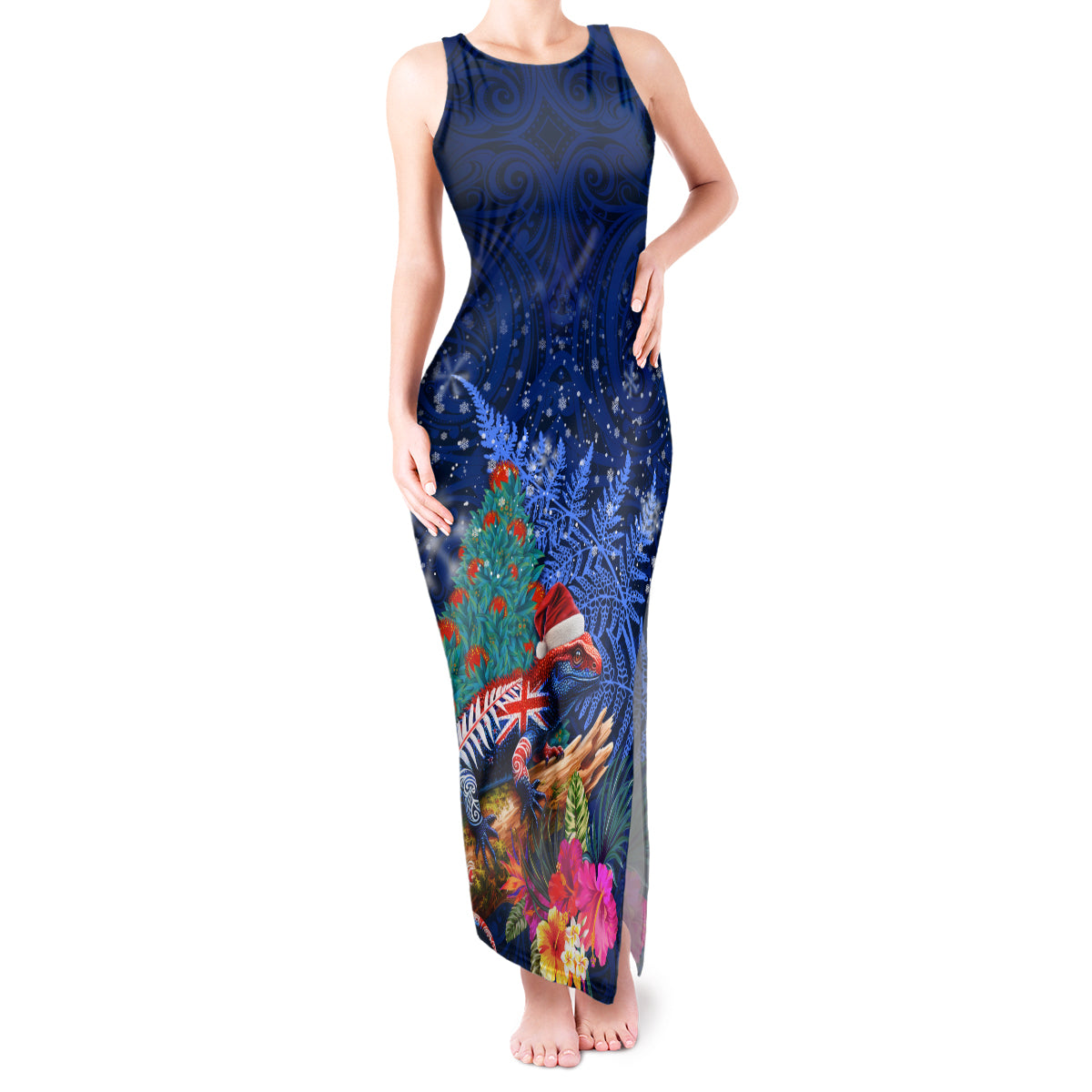 New Zealand Tuatara Christmas Tank Maxi Dress Silver Fern and Xmas Pohutukawa Tree Blue Color