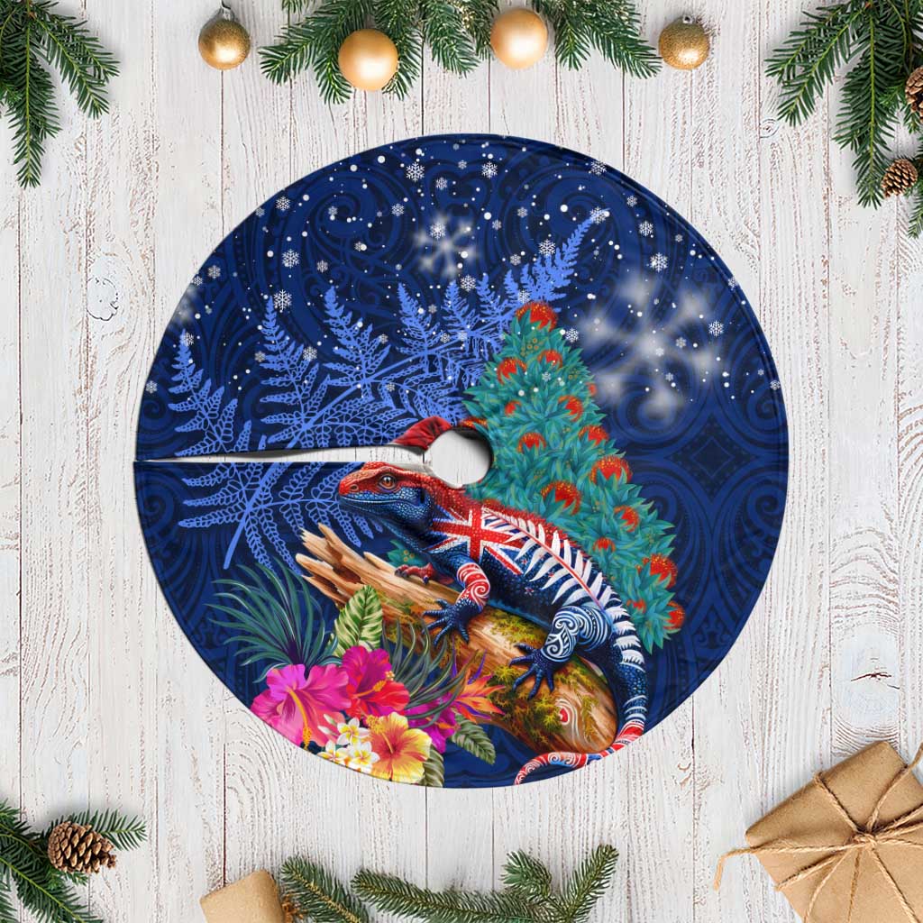New Zealand Tuatara Christmas Tree Skirt Silver Fern and Xmas Pohutukawa Tree Blue Color LT03 Casual Blue - Polynesian Pride