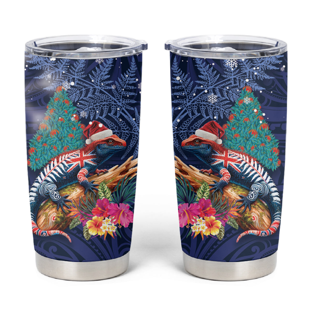 New Zealand Tuatara Christmas Tumbler Cup Silver Fern and Xmas Pohutukawa Tree Blue Color