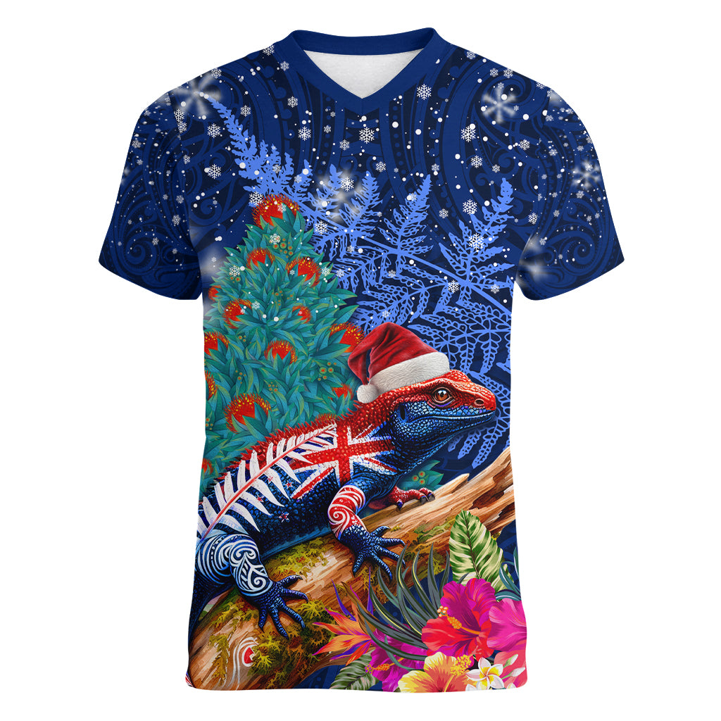 New Zealand Tuatara Christmas Women V-Neck T-Shirt Silver Fern and Xmas Pohutukawa Tree Blue Color