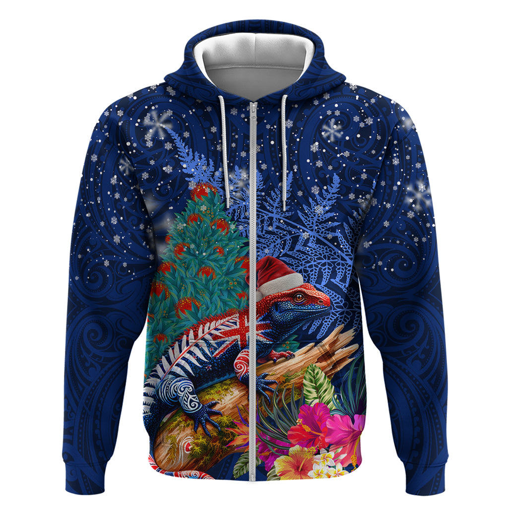 New Zealand Tuatara Christmas Zip Hoodie Silver Fern and Xmas Pohutukawa Tree Blue Color