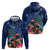 New Zealand Tuatara Christmas Zip Hoodie Silver Fern and Xmas Pohutukawa Tree Blue Color