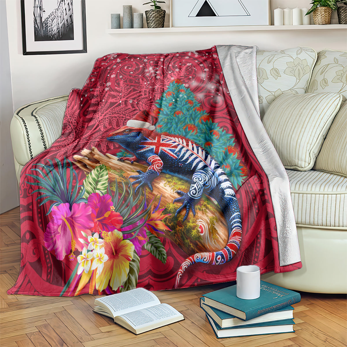 New Zealand Tuatara Christmas Blanket Silver Fern and Xmas Pohutukawa Tree Red Color LT03 Red - Polynesian Pride