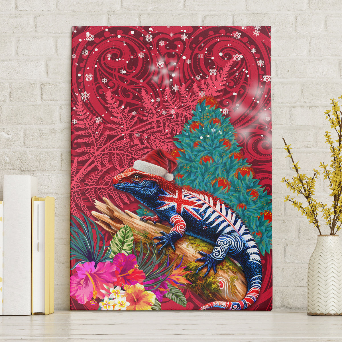 New Zealand Tuatara Christmas Canvas Wall Art Silver Fern and Xmas Pohutukawa Tree Red Color