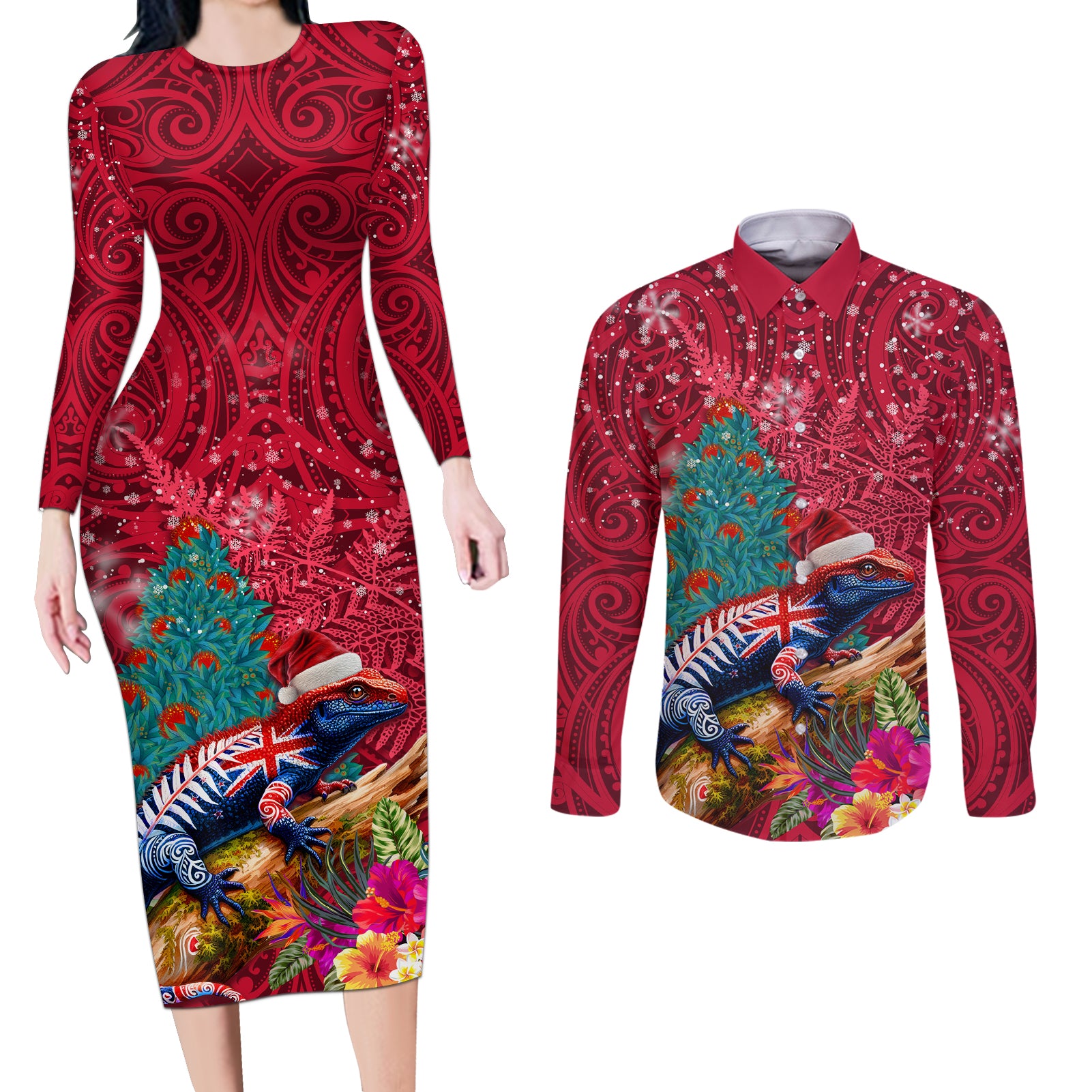 New Zealand Tuatara Christmas Couples Matching Long Sleeve Bodycon Dress and Long Sleeve Button Shirt Silver Fern and Xmas Pohutukawa Tree Red Color