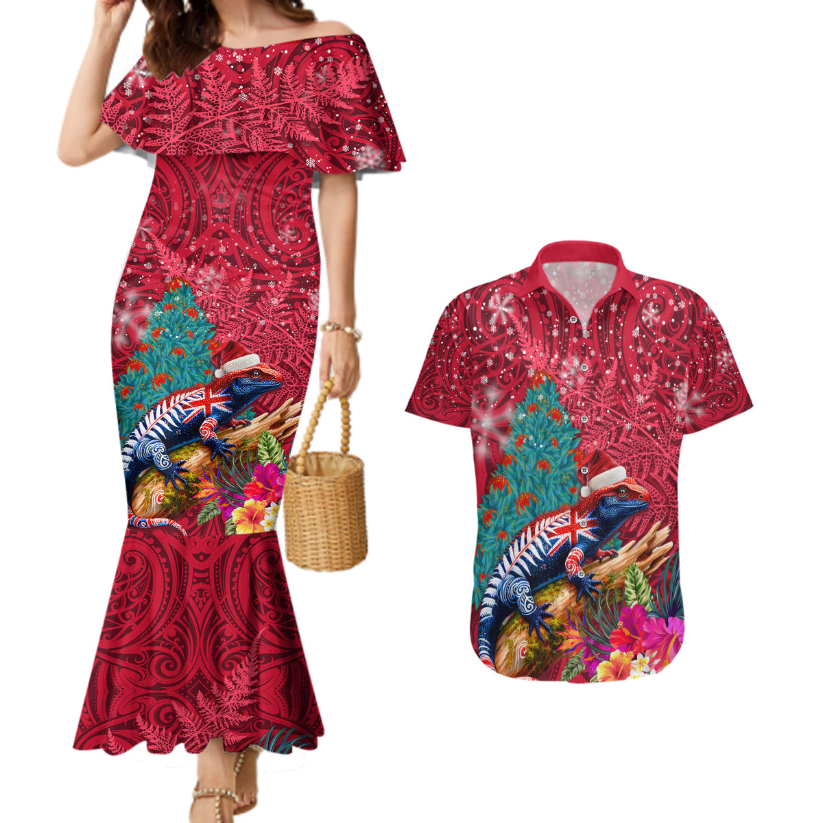 New Zealand Tuatara Christmas Couples Matching Mermaid Dress and Hawaiian Shirt Silver Fern and Xmas Pohutukawa Tree Red Color