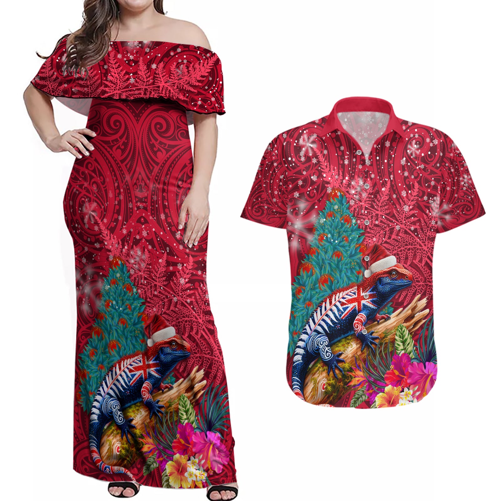 New Zealand Tuatara Christmas Couples Matching Off Shoulder Maxi Dress and Hawaiian Shirt Silver Fern and Xmas Pohutukawa Tree Red Color